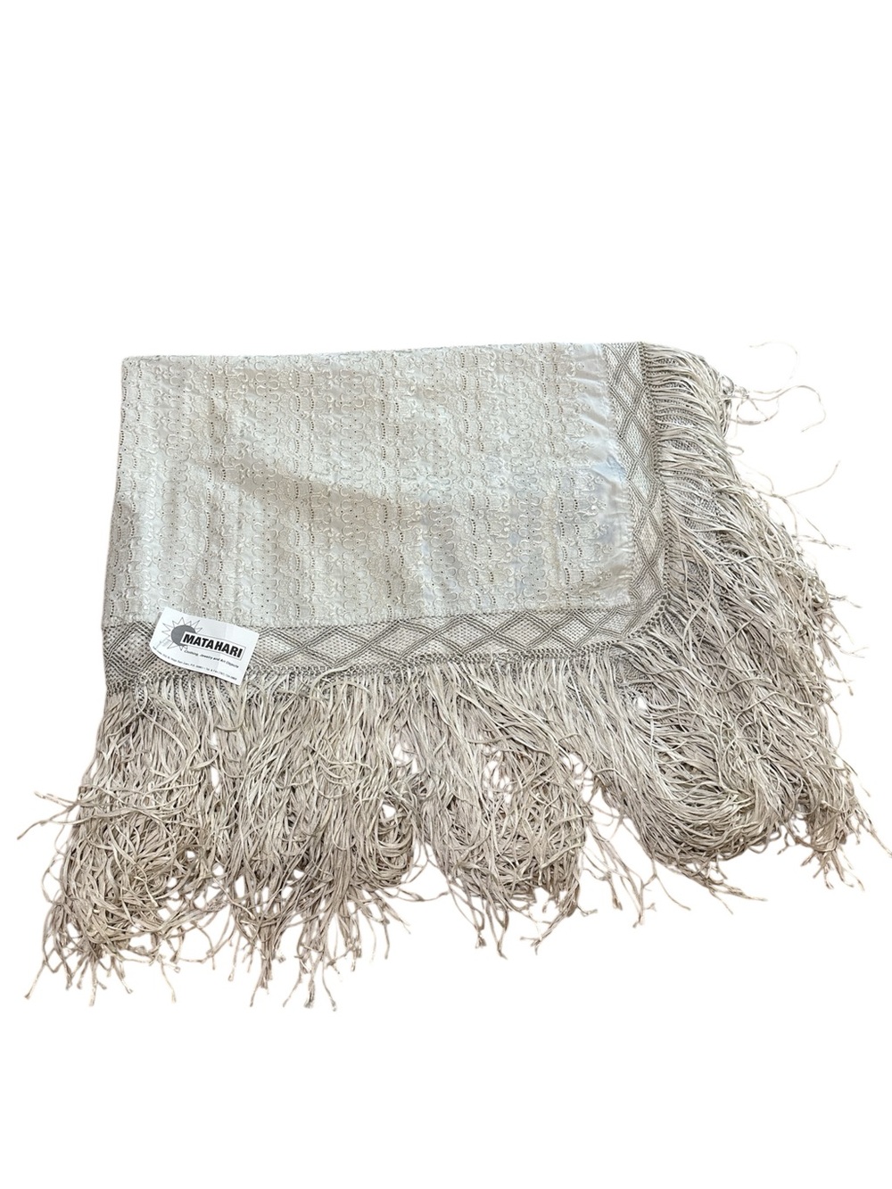 Handmade Antique Ivory Shawl Fringe Cottagecore 57" X 42" Some Discoloration